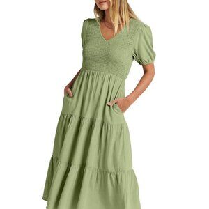 Women's Summer Puff Short Sleeve V Neck Midi Dress with Pockets MED LT GREEN
